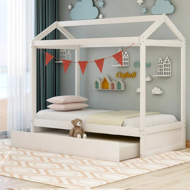 Lit double pour enfant de style maisonnette blanche avec lit gigogne, 1 place