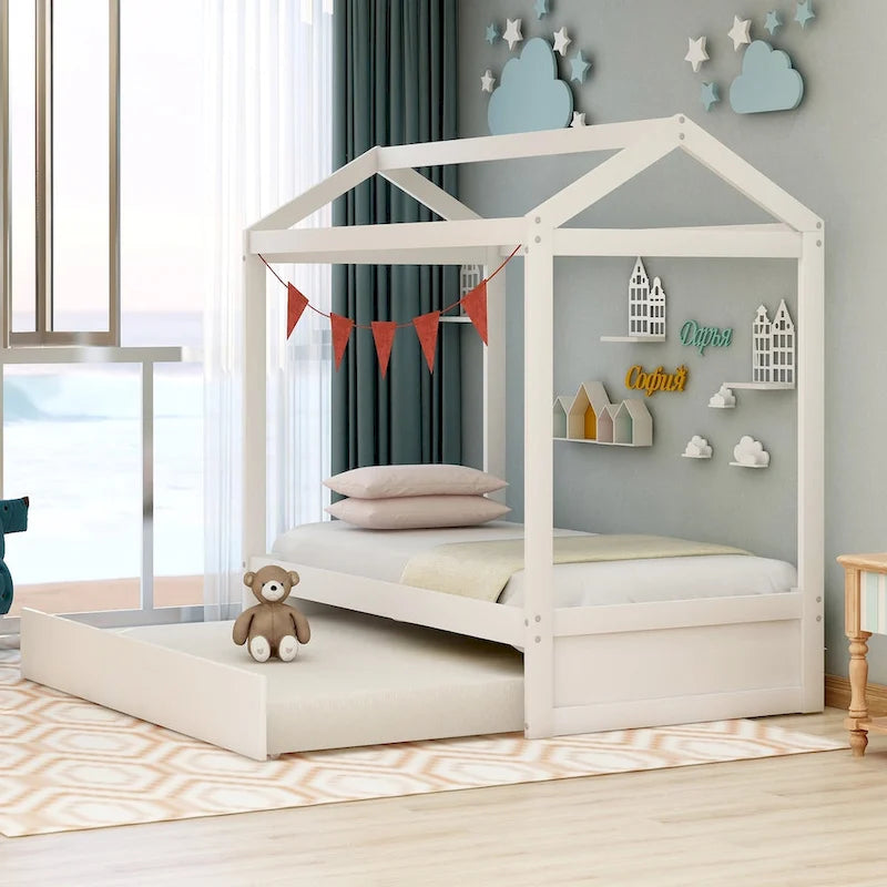 Lit double pour enfant de style maisonnette blanche avec lit gigogne, 1 place
