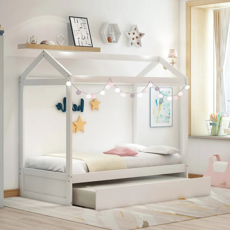 Lit double pour enfant de style maisonnette blanche avec lit gigogne, 1 place