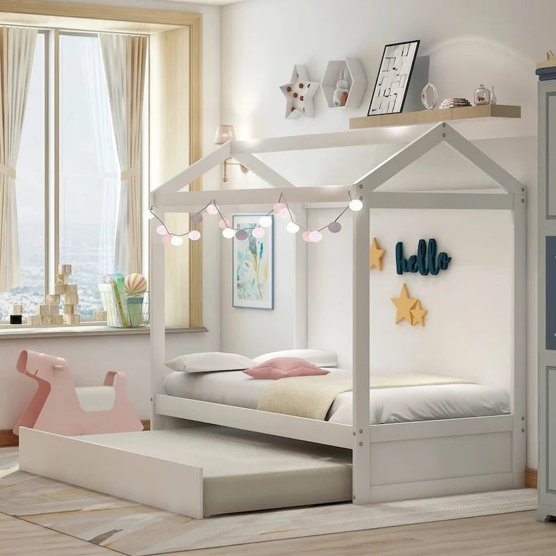 Lit double pour enfant de style maisonnette blanche avec lit gigogne, 1 place