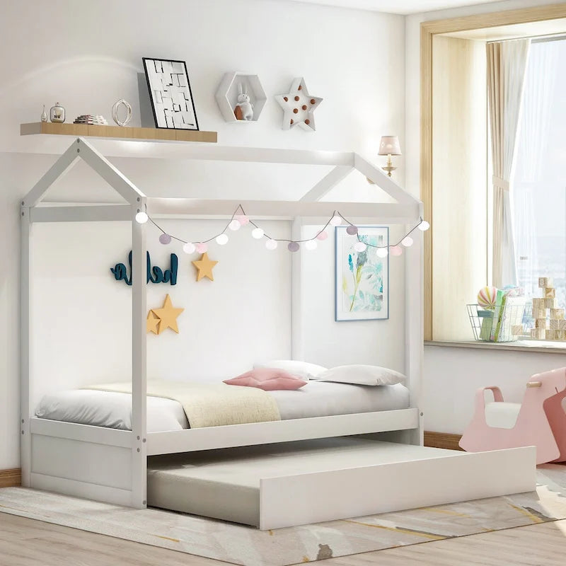 Lit double pour enfant de style maisonnette blanche avec lit gigogne, 1 place