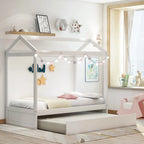 Lit double pour enfant de style maisonnette blanche avec lit gigogne, 1 place