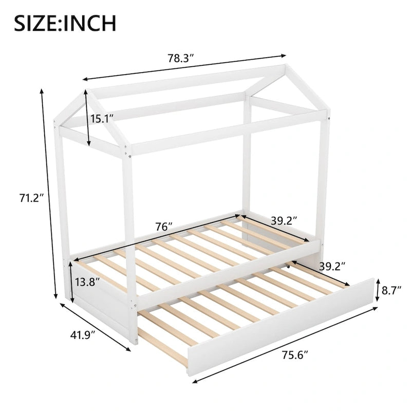 Lit double pour enfant de style maisonnette blanche avec lit gigogne, 1 place
