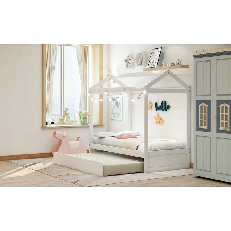 Lit double pour enfant de style maisonnette blanche avec lit gigogne, 1 place