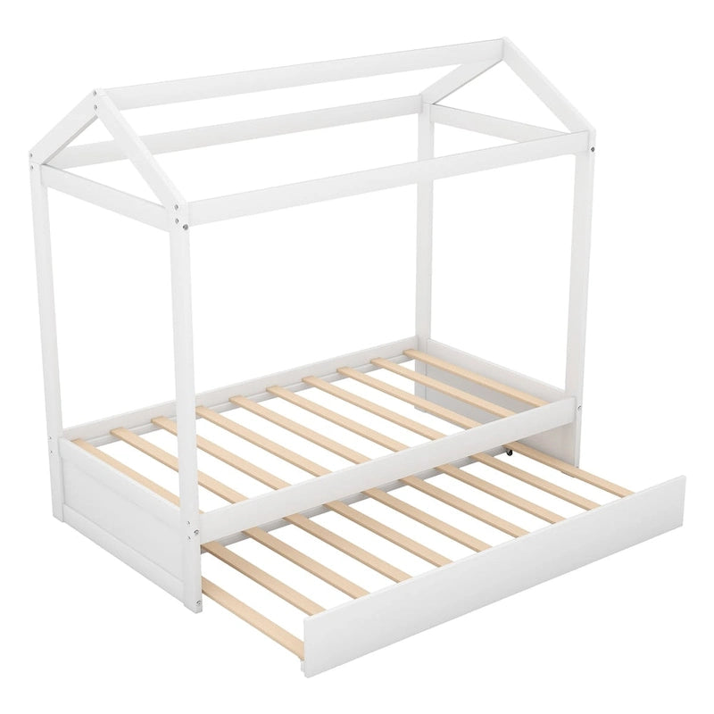 Lit double pour enfant de style maisonnette blanche avec lit gigogne, 1 place