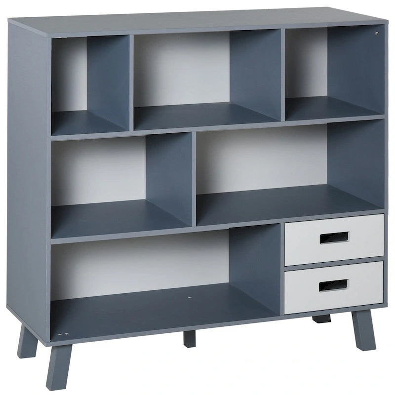 Bibliothèque enfant à 3 niveaux avec 2 tiroirs – Blanc/Gris et Bleu/Gris