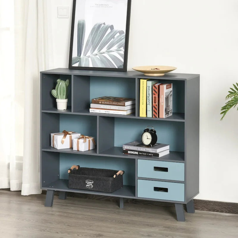 Bibliothèque enfant à 3 niveaux avec 2 tiroirs – Blanc/Gris et Bleu/Gris