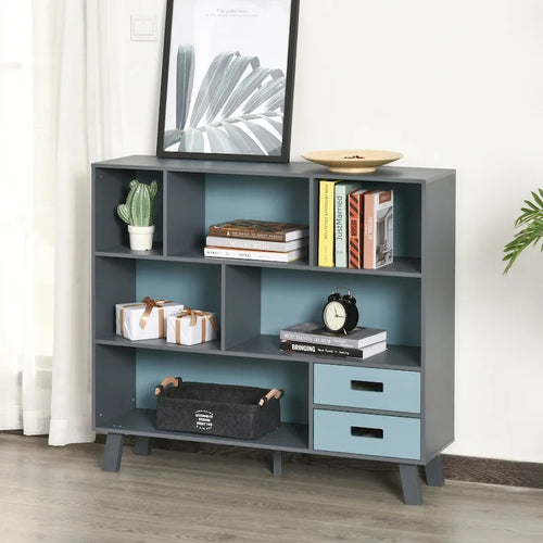 Bibliothèque enfant à 3 niveaux avec 2 tiroirs – Blanc/Gris et Bleu/Gris