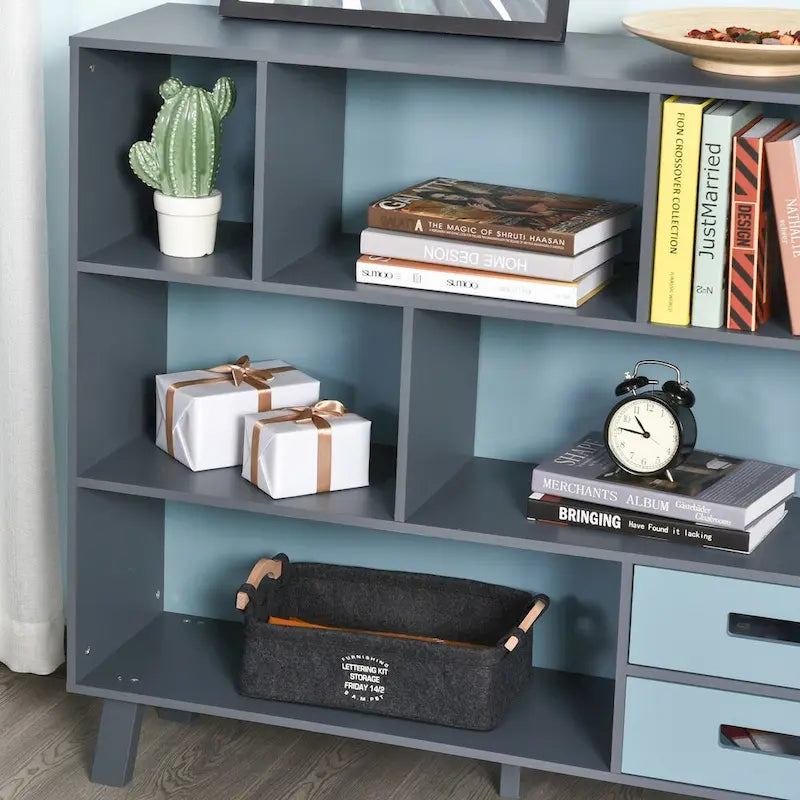 Bibliothèque enfant à 3 niveaux avec 2 tiroirs – Blanc/Gris et Bleu/Gris