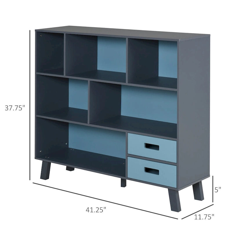 Bibliothèque enfant à 3 niveaux avec 2 tiroirs – Blanc/Gris et Bleu/Gris