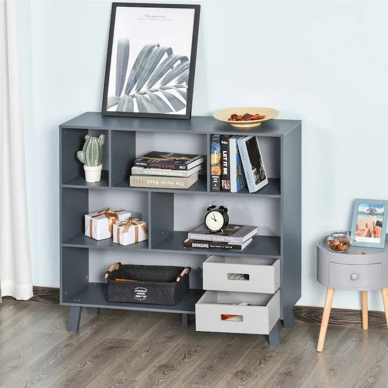Bibliothèque enfant à 3 niveaux avec 2 tiroirs – Blanc/Gris et Bleu/Gris