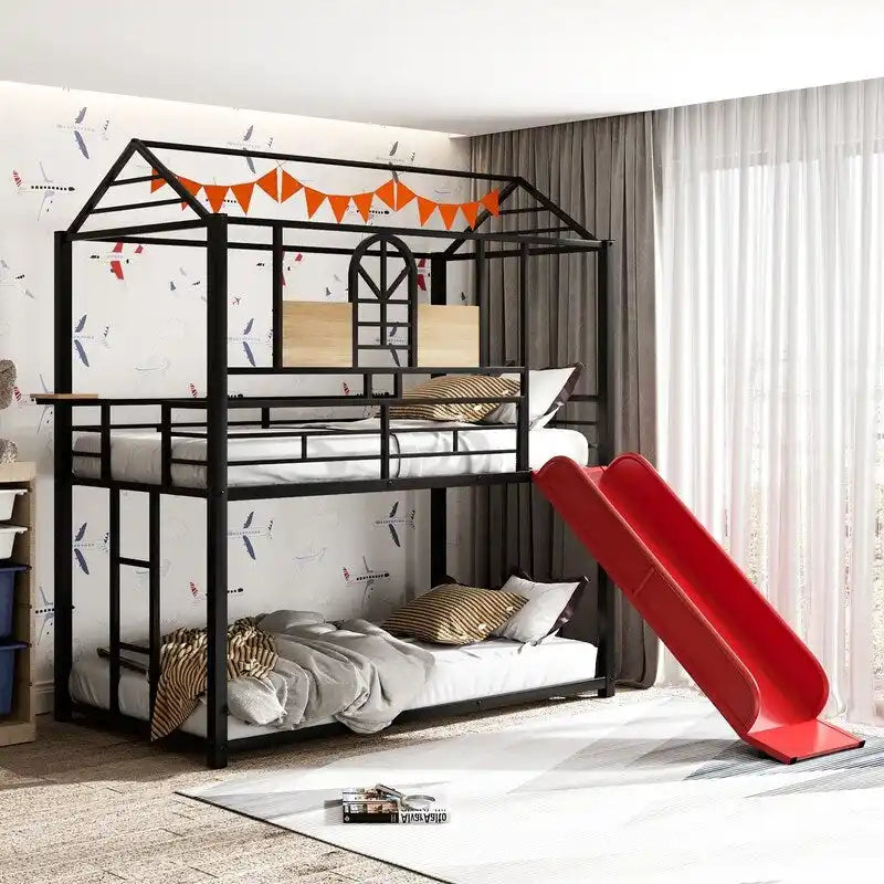 Lit superposé en métal rouge/noir avec toboggan – Style maison, 2 places