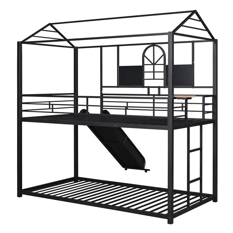 Lit superposé en métal rouge/noir avec toboggan – Style maison, 2 places