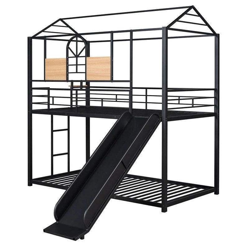 Lit superposé en métal rouge/noir avec toboggan – Style maison, 2 places