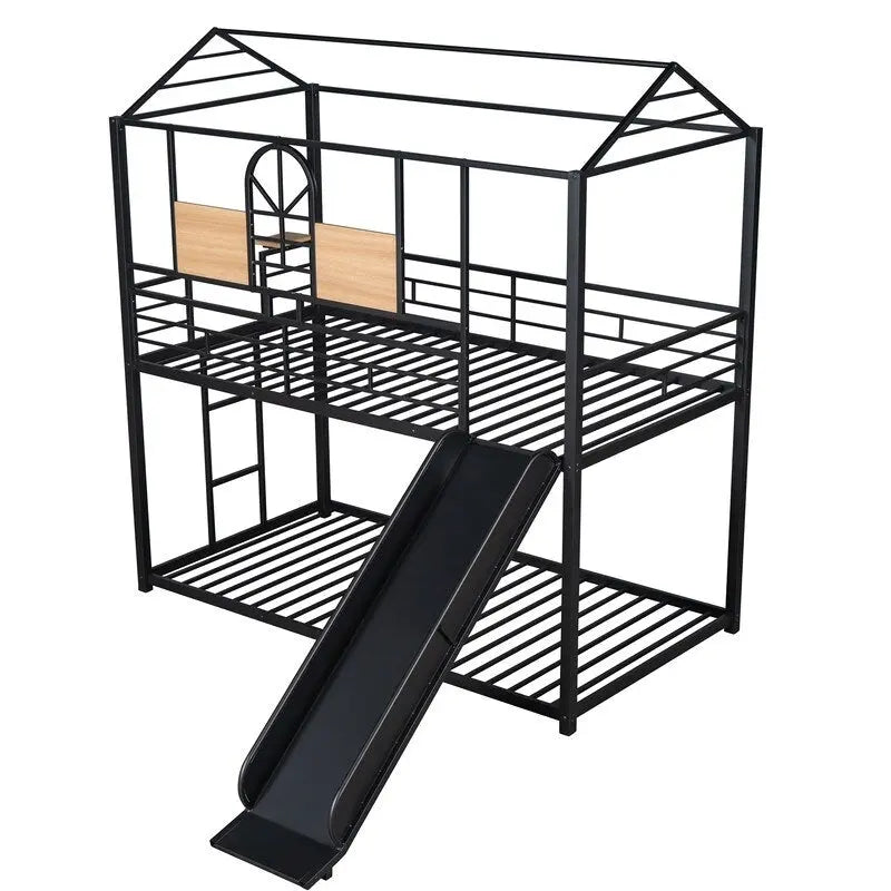 Lit superposé en métal rouge/noir avec toboggan – Style maison, 2 places