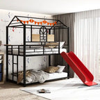 Lit superposé en métal rouge/noir avec toboggan – Style maison, 2 places