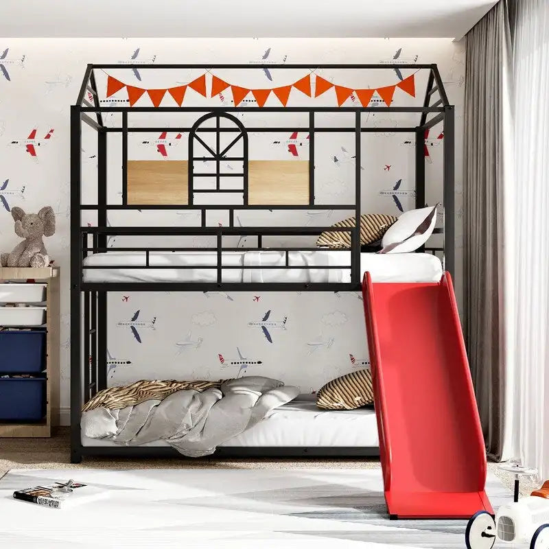 Lit superposé en métal rouge/noir avec toboggan – Style maison, 2 places