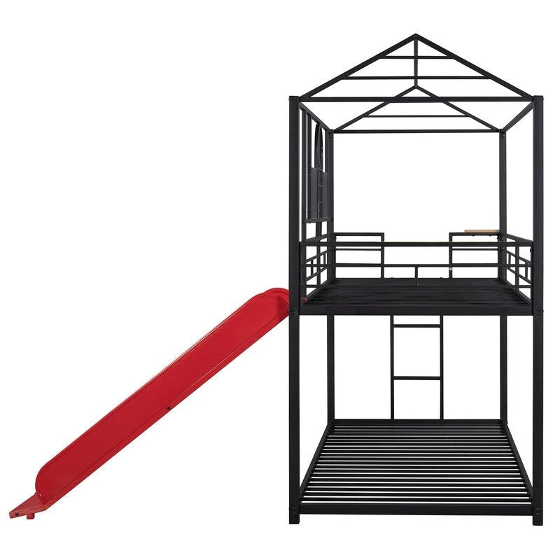 Lit superposé en métal rouge/noir avec toboggan – Style maison, 2 places