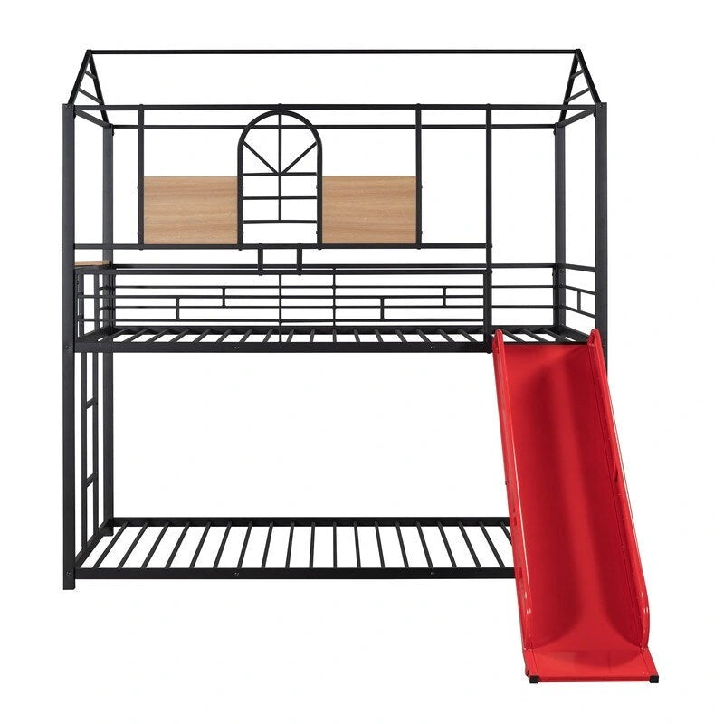 Lit superposé en métal rouge/noir avec toboggan – Style maison, 2 places