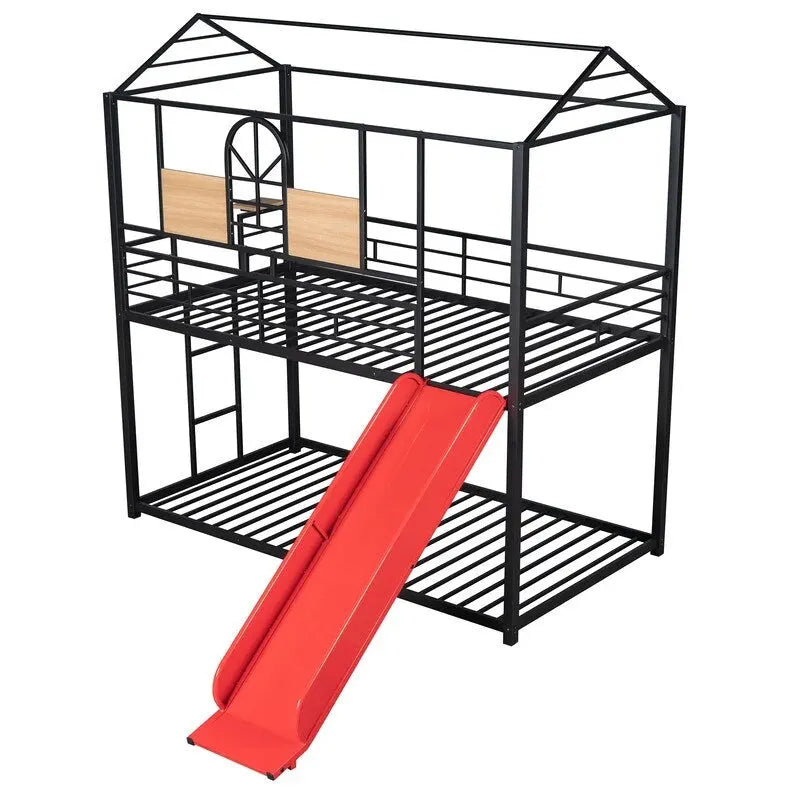 Lit superposé en métal rouge/noir avec toboggan – Style maison, 2 places