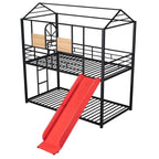 Lit superposé en métal rouge/noir avec toboggan – Style maison, 2 places