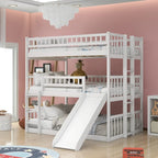 Full-over-Full-over-Full Pine Wood Triple Bunk Bed with Built-in Ladder and Slide, Convertible Configuration