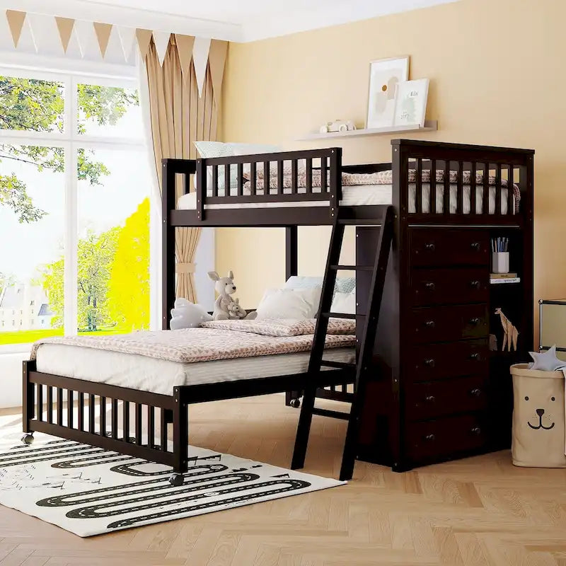 Wooden Twin Over Full L-Shaped Bunk Bed Wheels