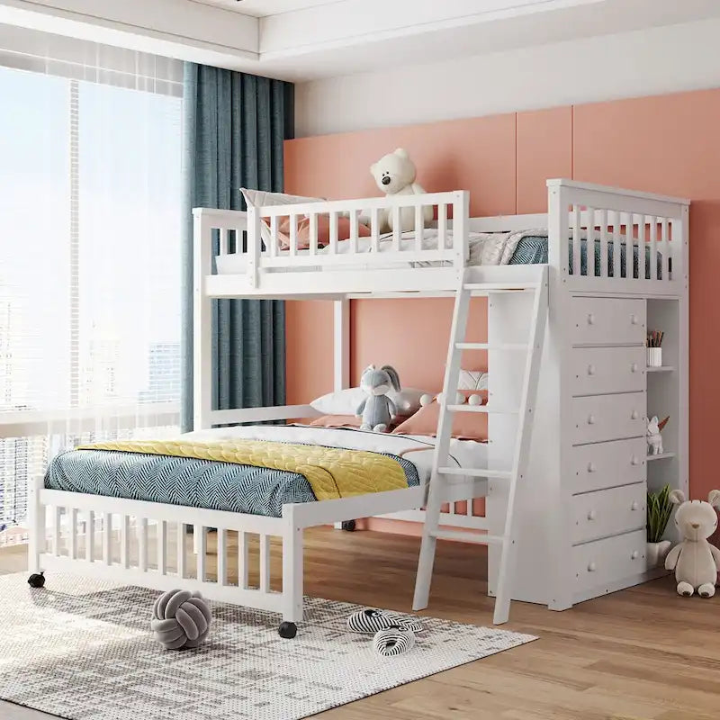Lit superposé en L, jumeau sur grand, avec escalier et rangements, expresso / gris / blanc, 2 couchages