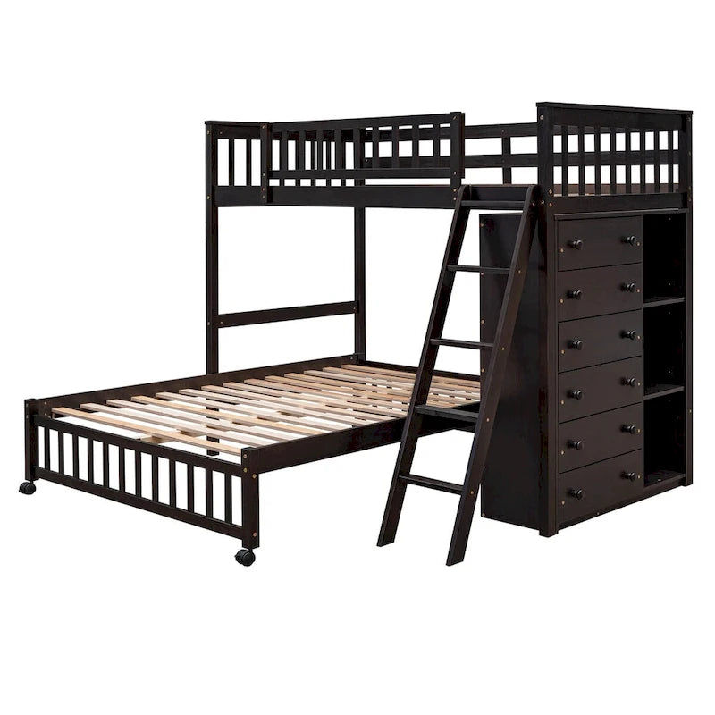 Lit superposé en L, jumeau sur grand, avec escalier et rangements, expresso / gris / blanc, 2 couchages