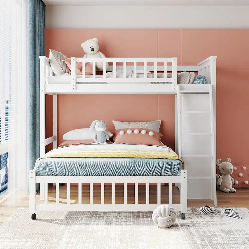 Lit superposé en L, jumeau sur grand, avec escalier et rangements, expresso / gris / blanc, 2 couchages