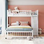 Lit superposé en L, jumeau sur grand, avec escalier et rangements, expresso / gris / blanc, 2 couchages