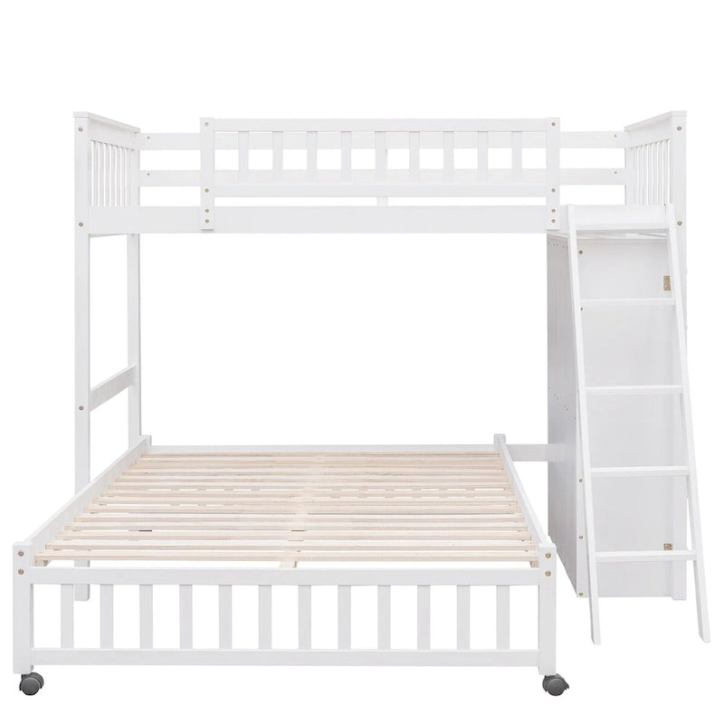Lit superposé en L, jumeau sur grand, avec escalier et rangements, expresso / gris / blanc, 2 couchages