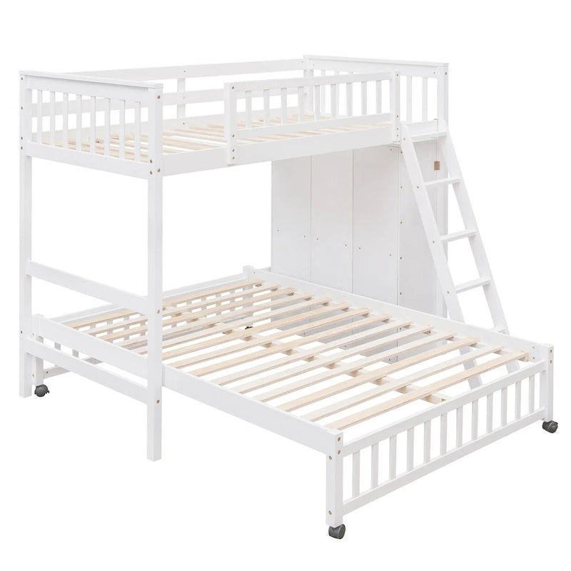 Lit superposé en L, jumeau sur grand, avec escalier et rangements, expresso / gris / blanc, 2 couchages