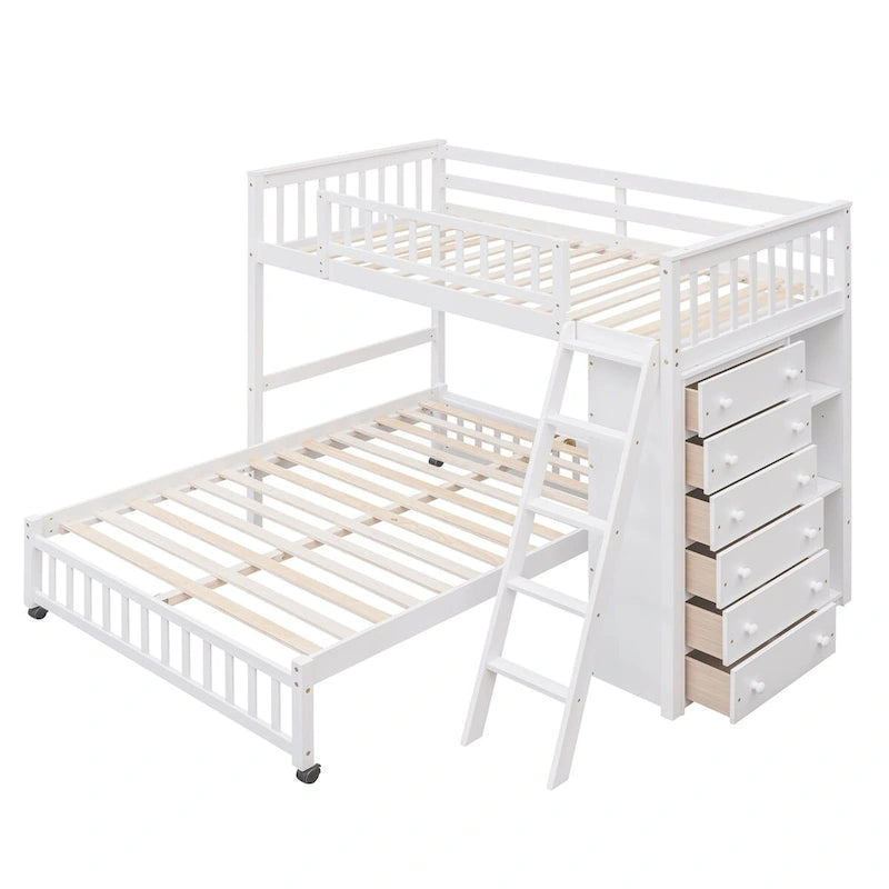 Lit superposé en L, jumeau sur grand, avec escalier et rangements, expresso / gris / blanc, 2 couchages