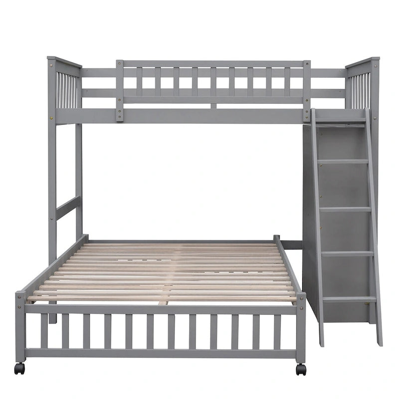Lit superposé en L, jumeau sur grand, avec escalier et rangements, expresso / gris / blanc, 2 couchages
