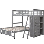 Lit superposé en L, jumeau sur grand, avec escalier et rangements, expresso / gris / blanc, 2 couchages