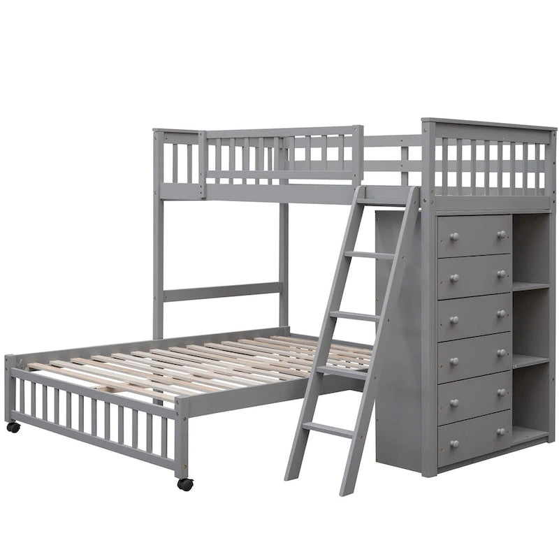 Lit superposé en L, jumeau sur grand, avec escalier et rangements, expresso / gris / blanc, 2 couchages