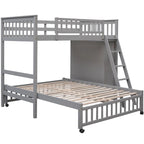 Lit superposé en L, jumeau sur grand, avec escalier et rangements, expresso / gris / blanc, 2 couchages