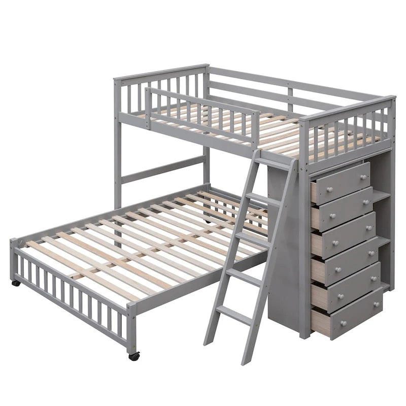 Lit superposé en L, jumeau sur grand, avec escalier et rangements, expresso / gris / blanc, 2 couchages