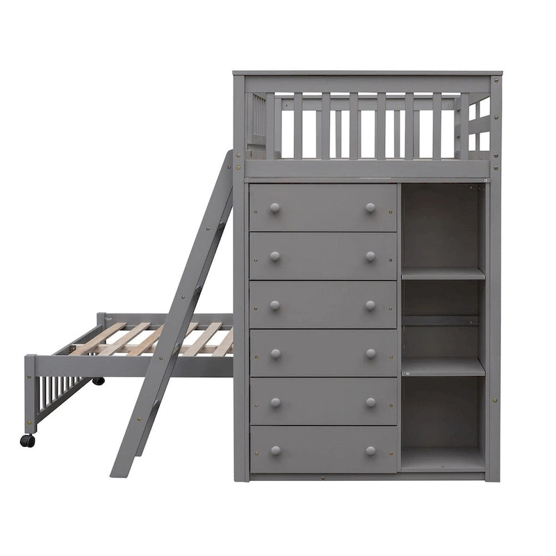 Lit superposé en L, jumeau sur grand, avec escalier et rangements, expresso / gris / blanc, 2 couchages