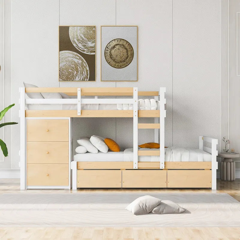 Lit superposé mezzanine double sur double, couleur naturel/gris, avec 6 tiroirs et une échelle, pour 2 personnes