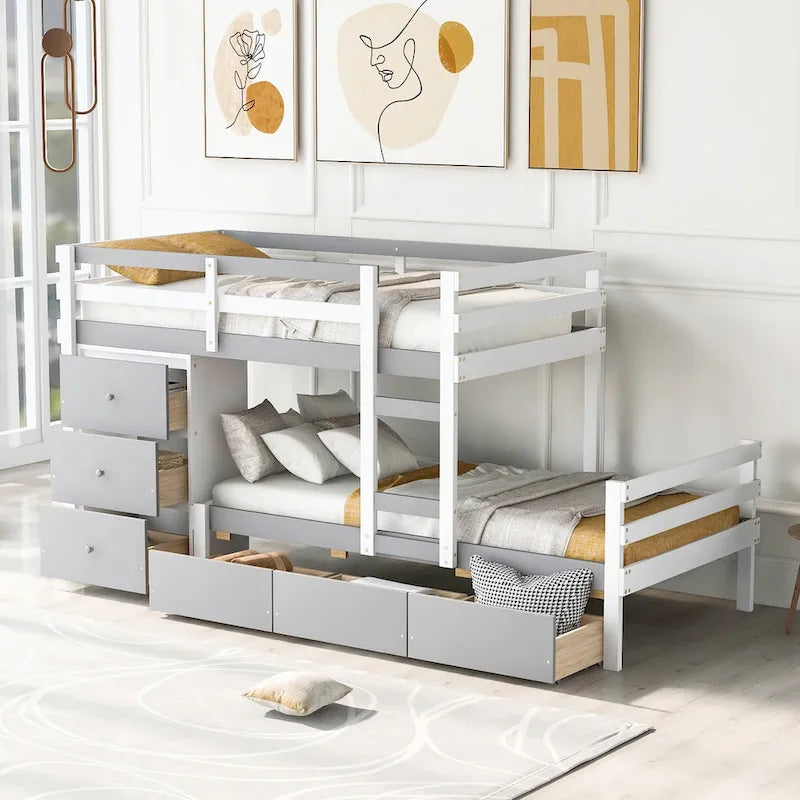 Lit superposé mezzanine double sur double, couleur naturel/gris, avec 6 tiroirs et une échelle, pour 2 personnes