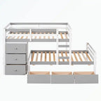 Lit superposé mezzanine double sur double, couleur naturel/gris, avec 6 tiroirs et une échelle, pour 2 personnes