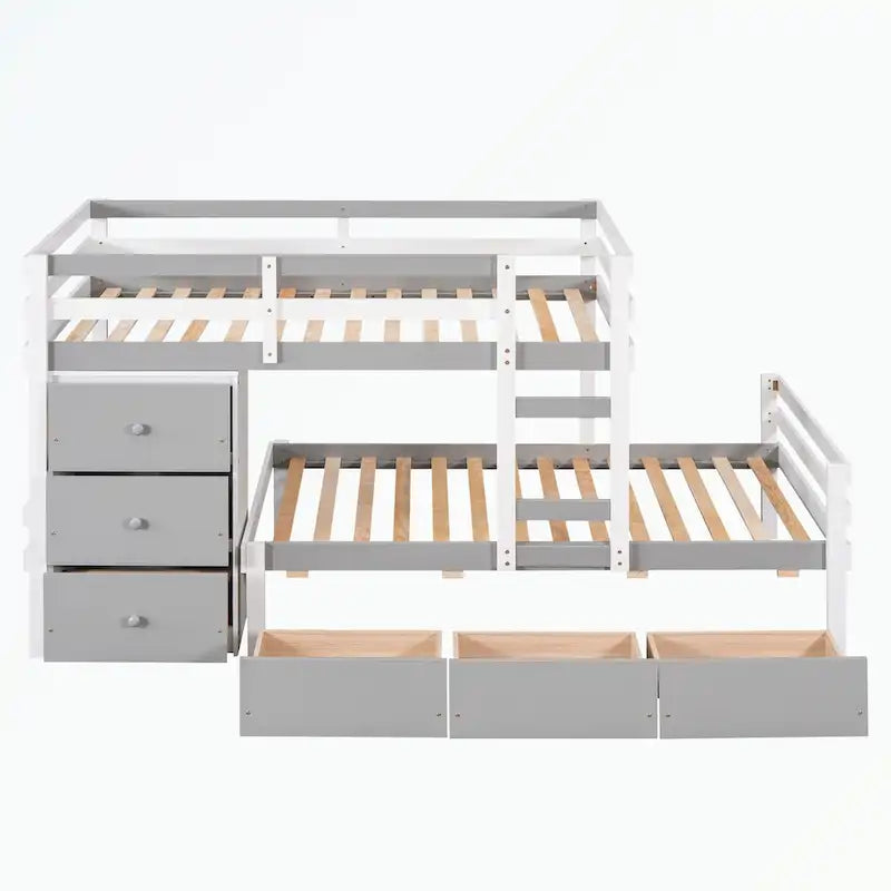 Lit superposé mezzanine double sur double, couleur naturel/gris, avec 6 tiroirs et une échelle, pour 2 personnes