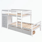 Lit superposé mezzanine double sur double, couleur naturel/gris, avec 6 tiroirs et une échelle, pour 2 personnes