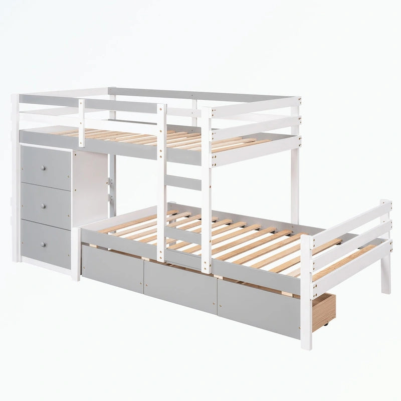 Lit superposé mezzanine double sur double, couleur naturel/gris, avec 6 tiroirs et une échelle, pour 2 personnes