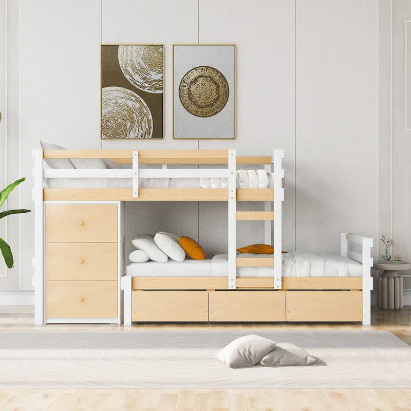 Lit superposé mezzanine double sur double, couleur naturel/gris, avec 6 tiroirs et une échelle, pour 2 personnes