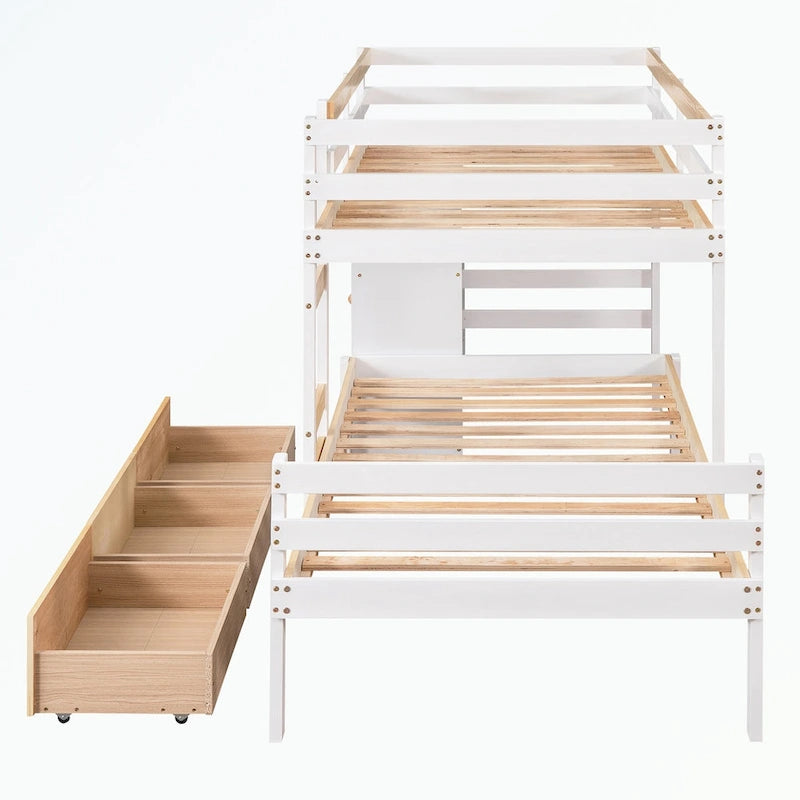 Lit superposé mezzanine double sur double, couleur naturel/gris, avec 6 tiroirs et une échelle, pour 2 personnes