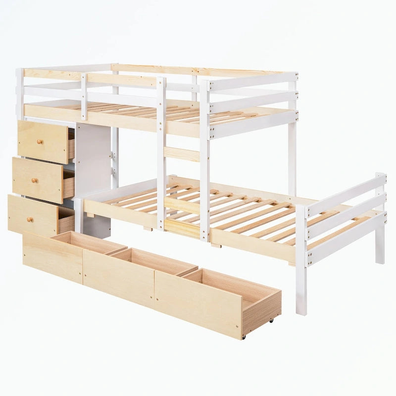 Lit superposé mezzanine double sur double, couleur naturel/gris, avec 6 tiroirs et une échelle, pour 2 personnes