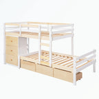 Lit superposé mezzanine double sur double, couleur naturel/gris, avec 6 tiroirs et une échelle, pour 2 personnes